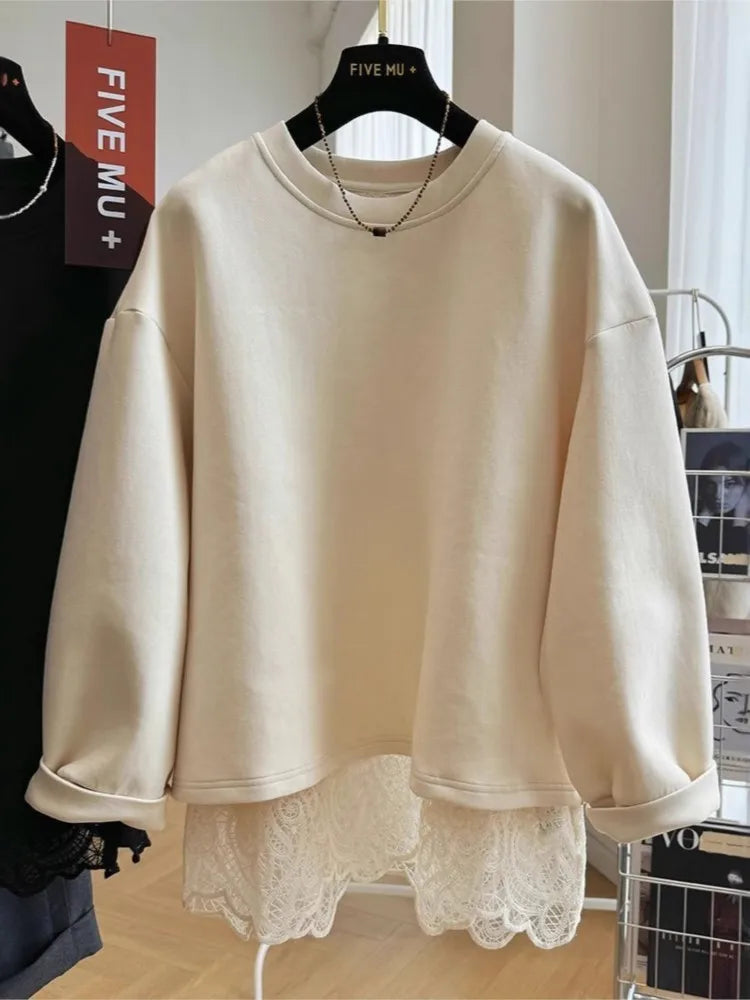 Women's crew neck sweatshirt with long sleeves, lace hem and open back