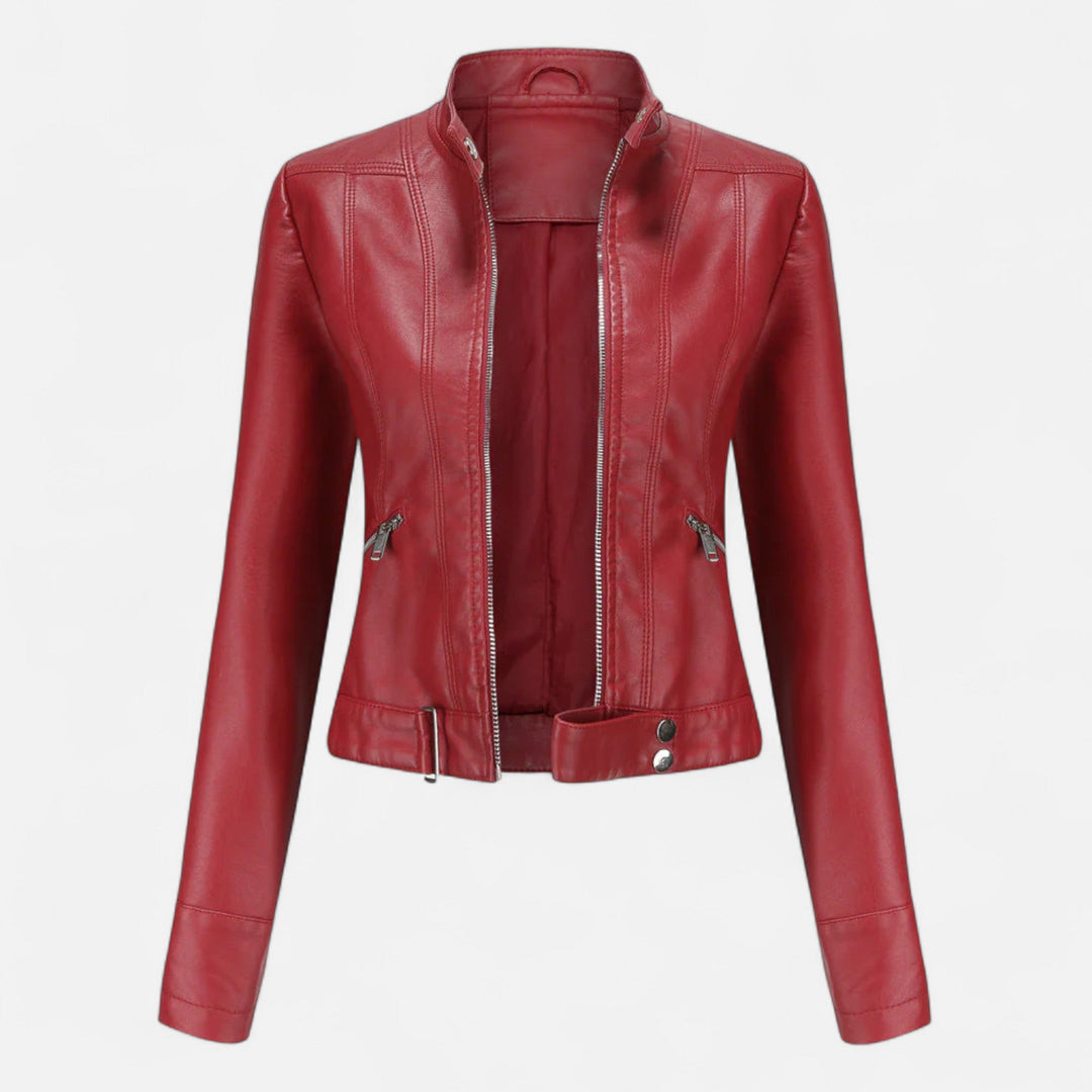 Women's cropped moto jacket with stand collar, long sleeves and zip pockets