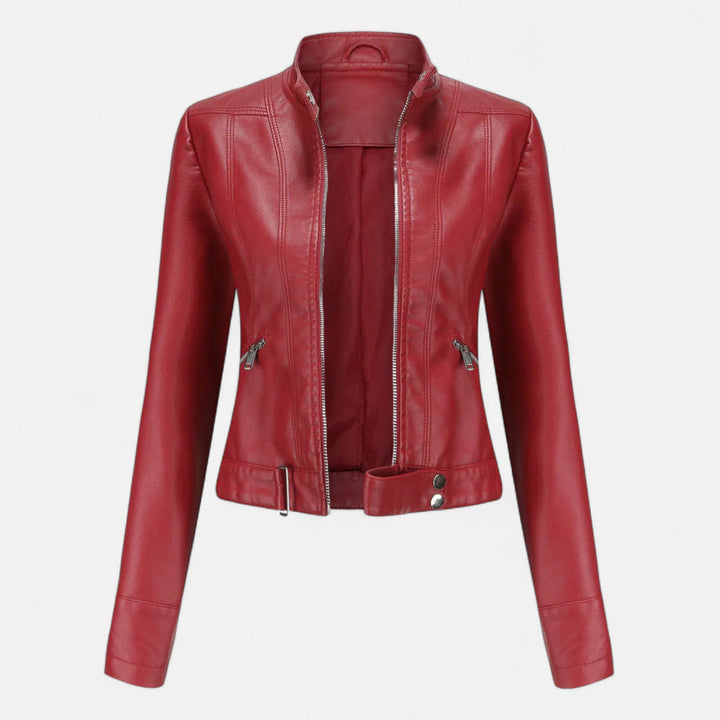 Women's cropped moto jacket with stand collar, long sleeves and zip pockets