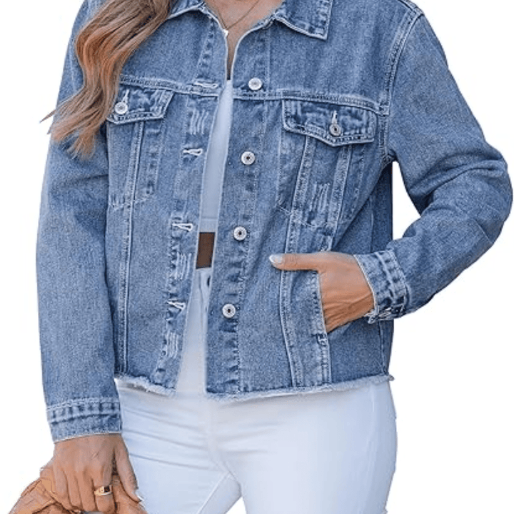 Women's blue collared jacket with long sleeves, button front and flap chest pockets