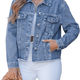Women's blue collared jacket with long sleeves, button front and flap chest pockets