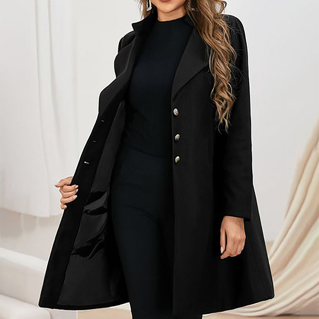 Women's longline tailored coat with notched lapels and button front