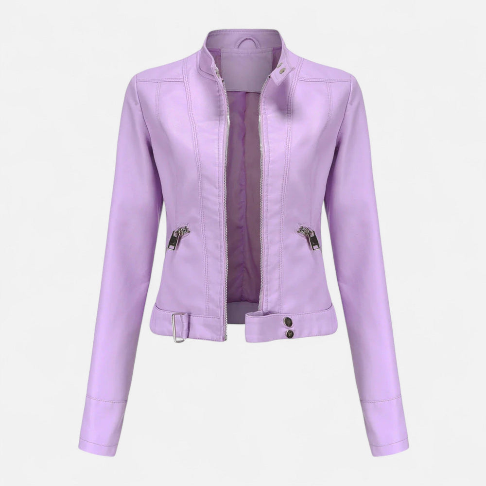 Women's cropped moto jacket with stand collar, long sleeves and zip pockets