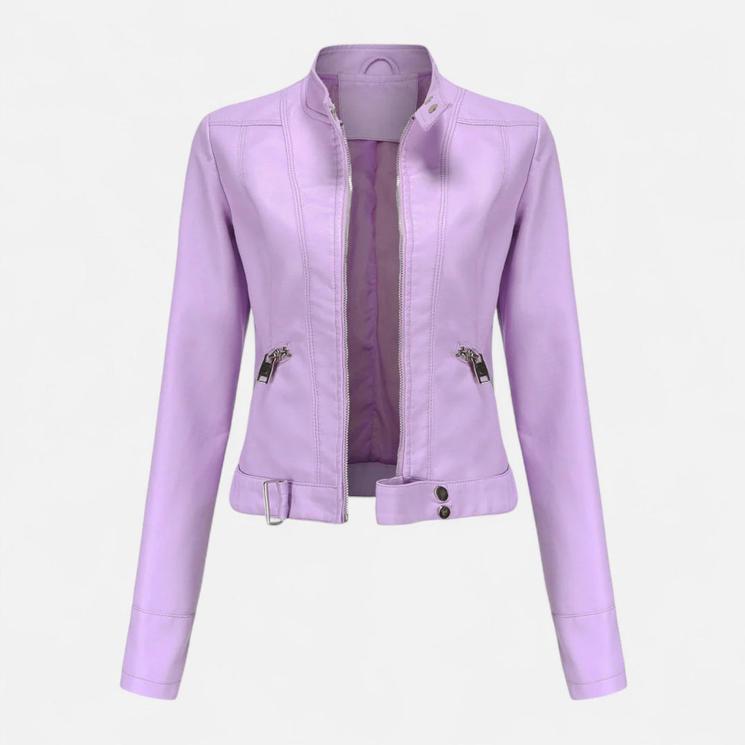 Women's cropped moto jacket with stand collar, long sleeves and zip pockets