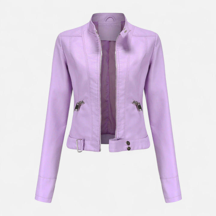 Women's cropped moto jacket with stand collar, long sleeves and zip pockets