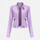 Women's cropped moto jacket with stand collar, long sleeves and zip pockets