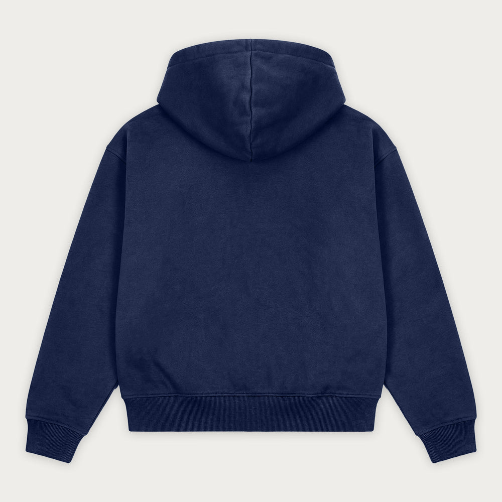 Navy zip hoodie with hood, front pockets and ribbed trims