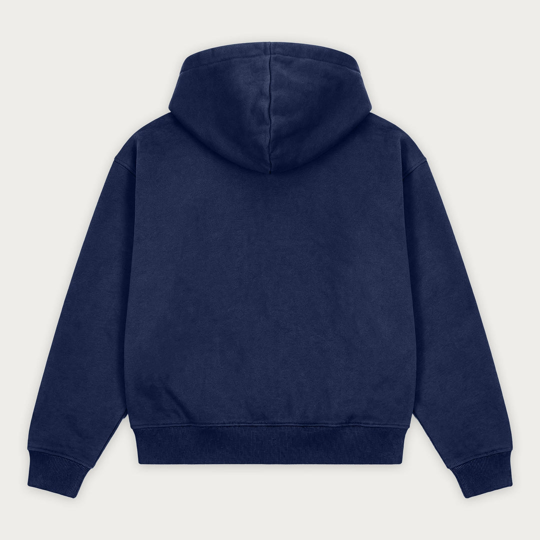 Navy zip hoodie with hood, front pockets and ribbed trims
