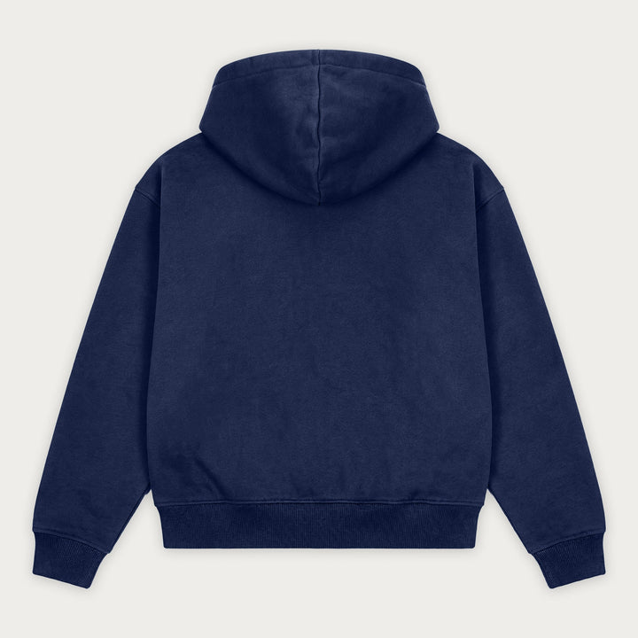 Navy zip hoodie with hood, front pockets and ribbed trims