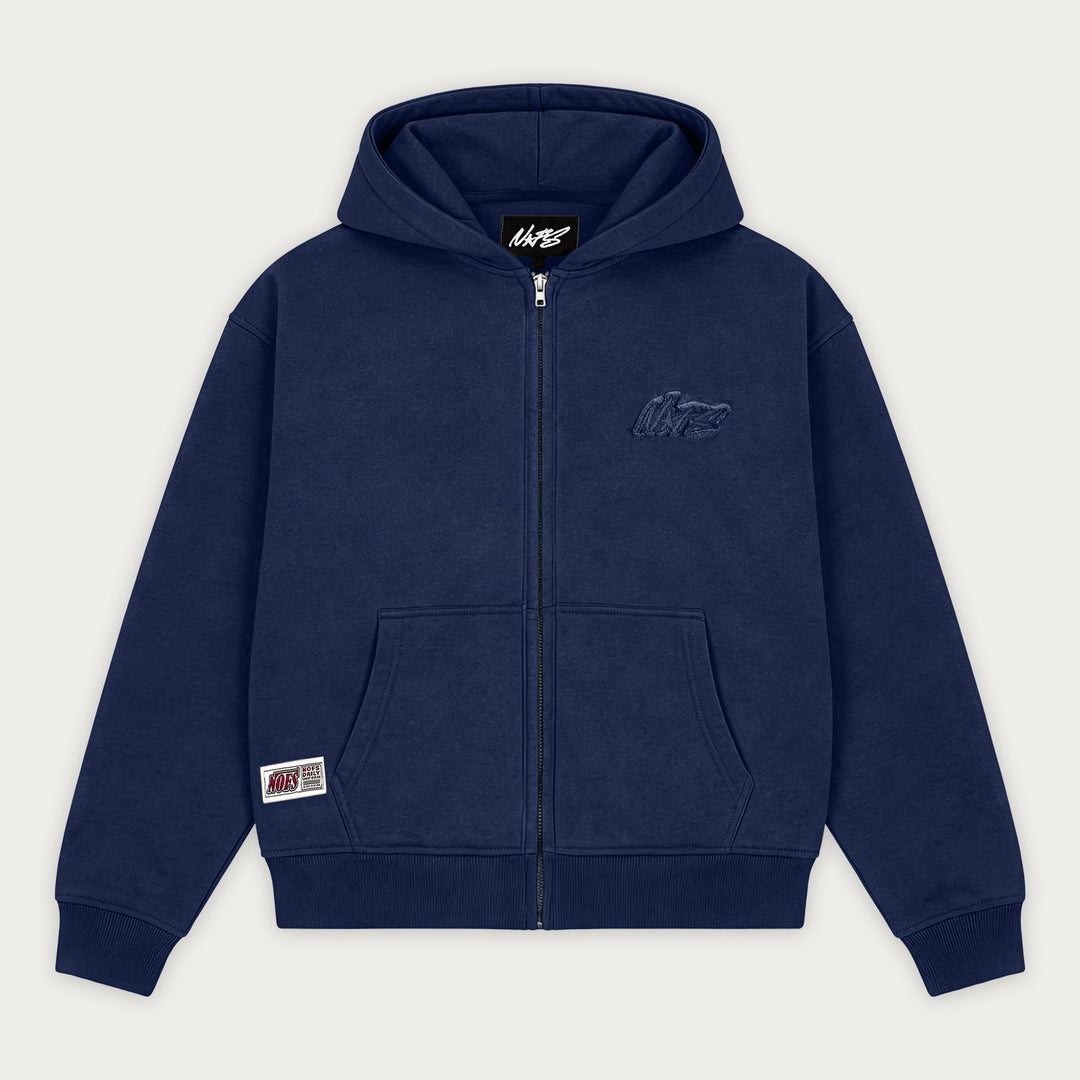 Navy zip hoodie with hood, front pockets and ribbed trims