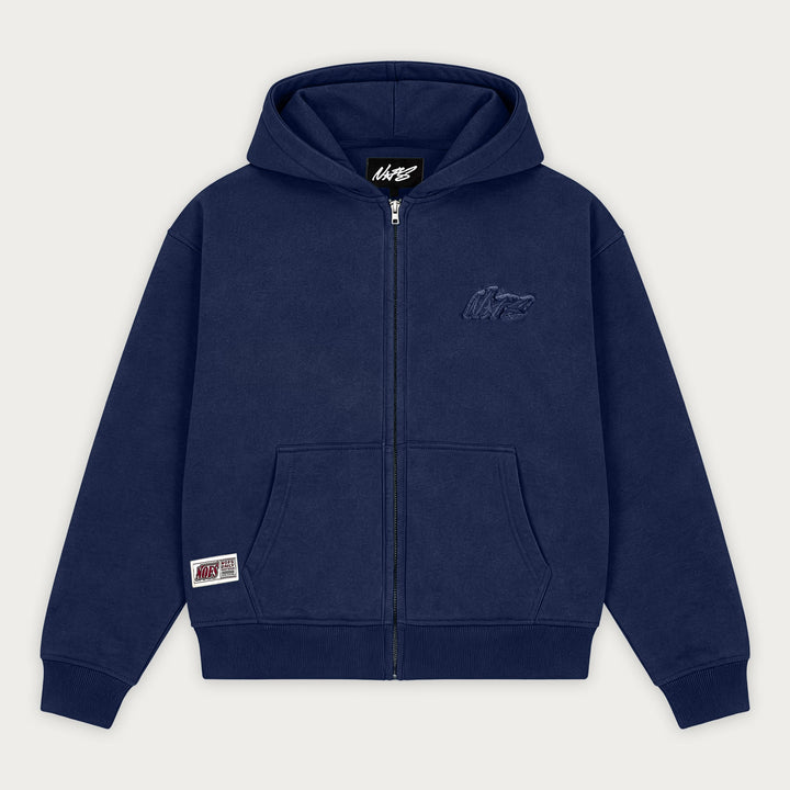 Navy zip hoodie with hood, front pockets and ribbed trims