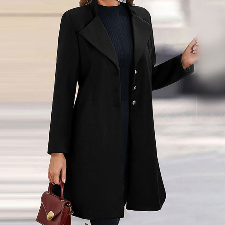 Women's longline tailored coat with notched lapels and button front