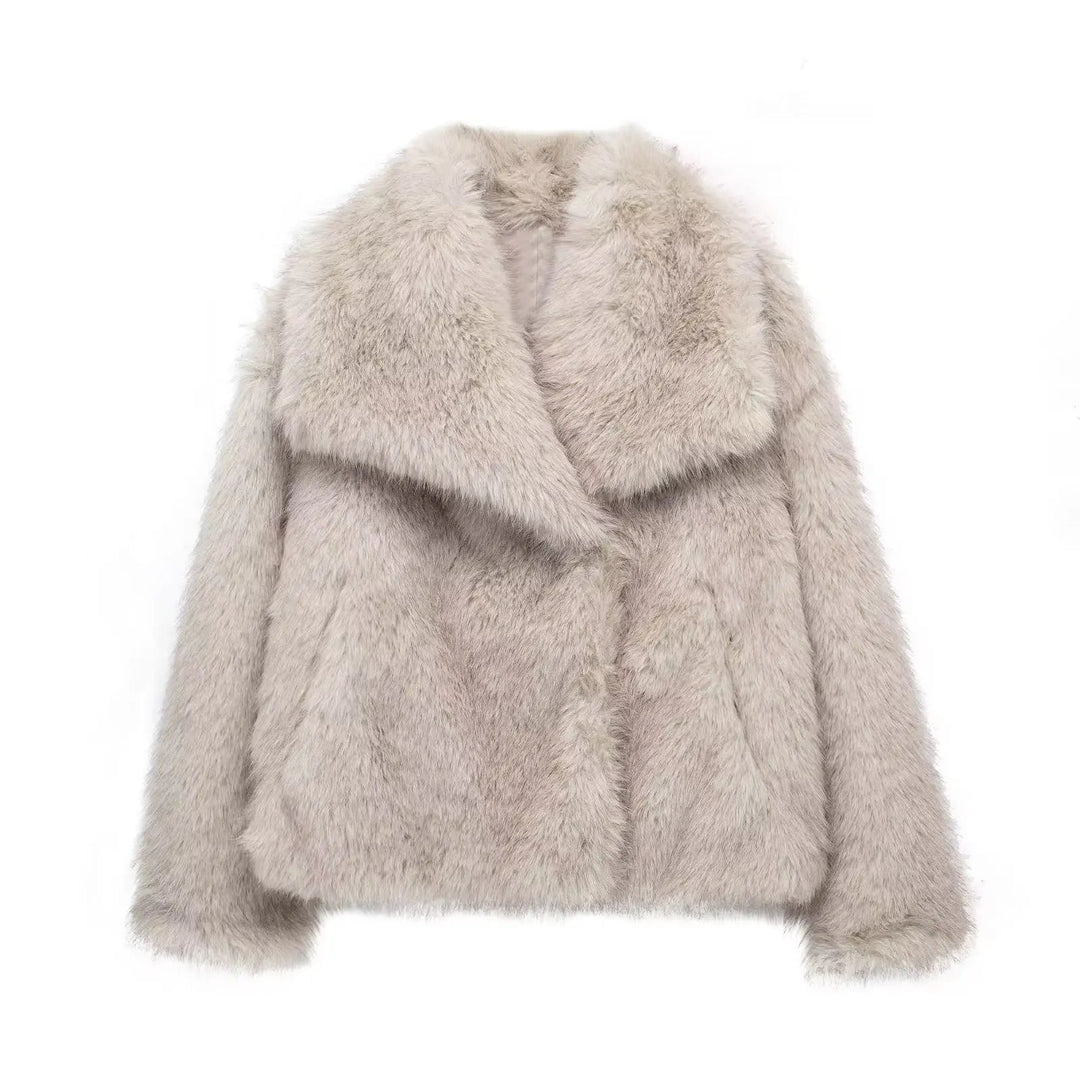 Women's beige faux fur jacket with wide collar and long sleeves