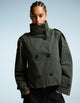 Women's short trench jacket with high collar, buttons, belt and long sleeves