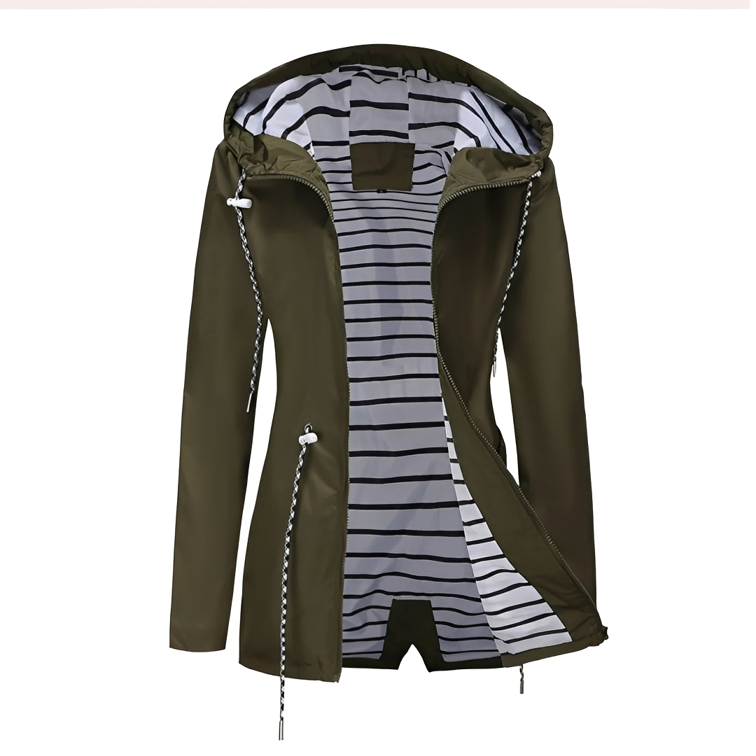 Women's hooded long coat with striped lining and zip pockets