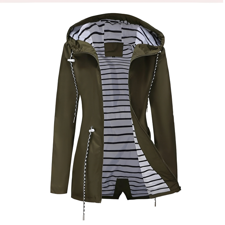 Women's hooded long coat with striped lining and zip pockets