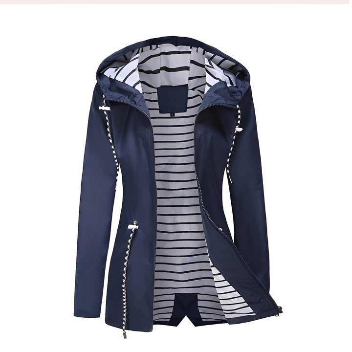 Women's hooded long coat with striped lining and zip pockets