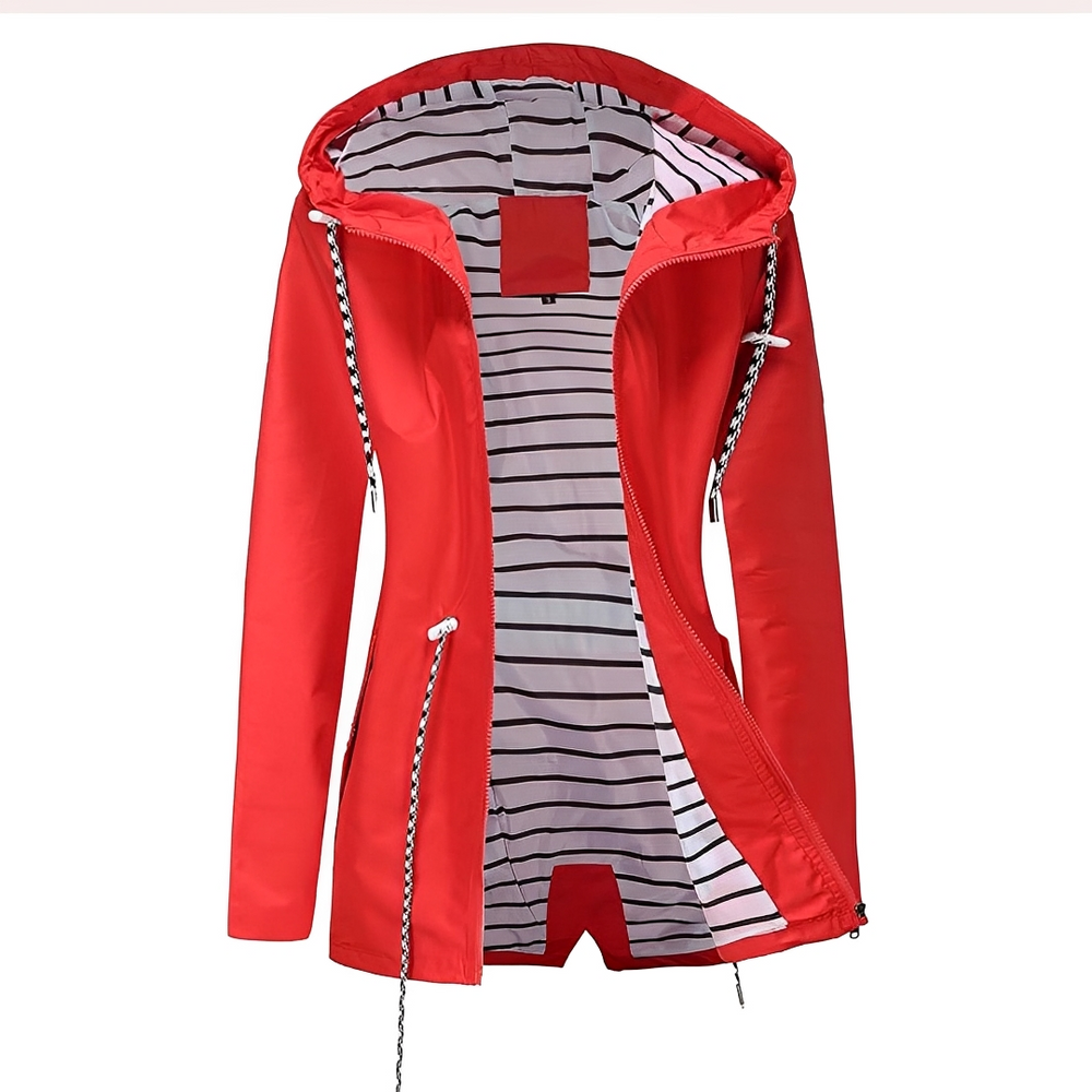 Women's hooded long coat with striped lining and zip pockets