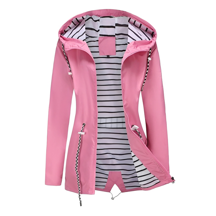 Women's hooded long coat with striped lining and zip pockets