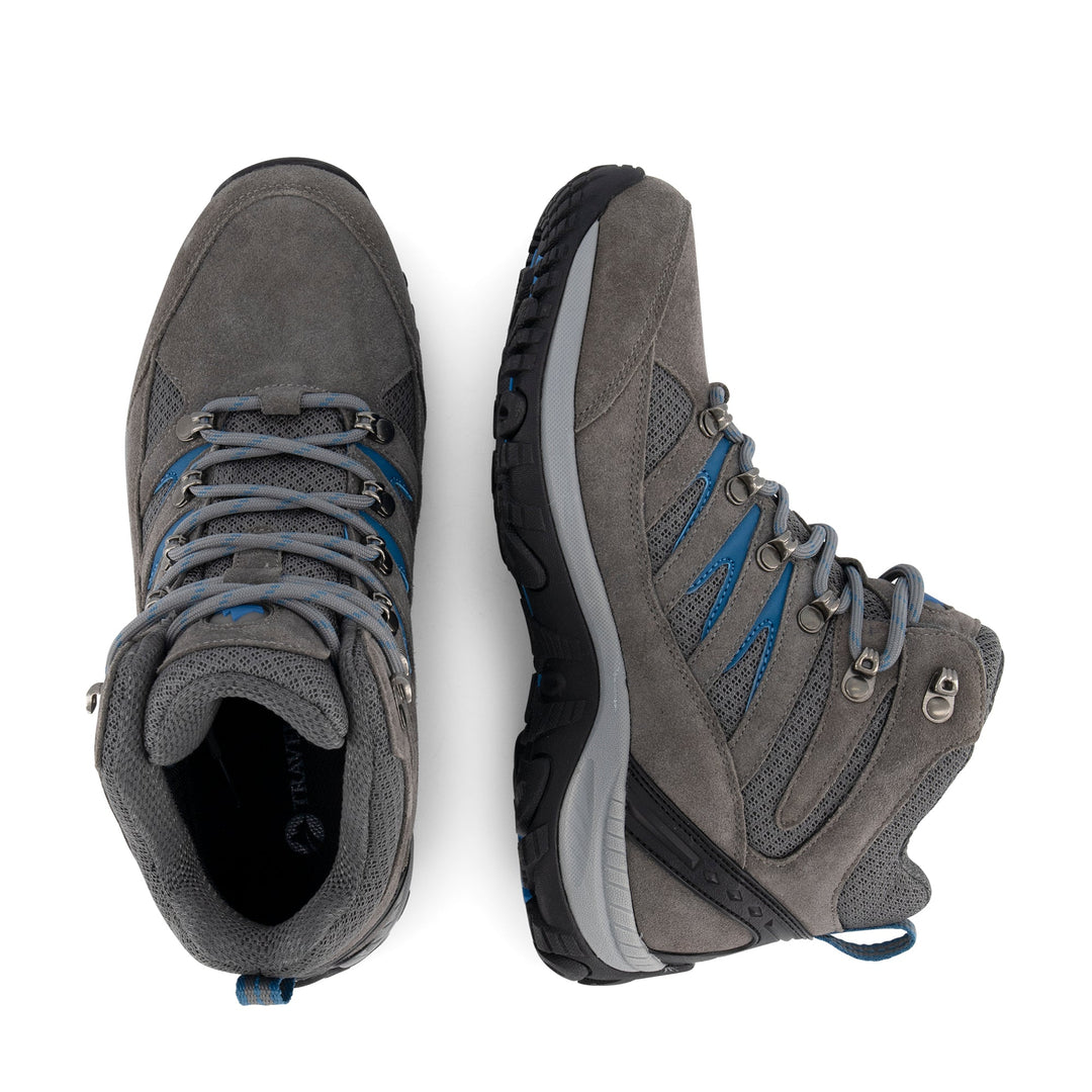 Gray high-top lace-up hiking boots with blue accents and lugged soles