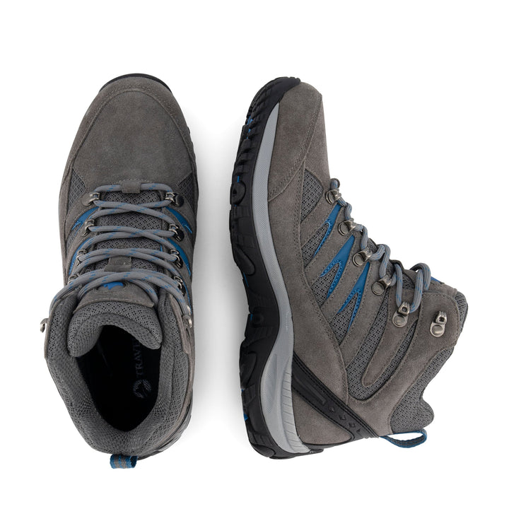 Gray high-top lace-up hiking boots with blue accents and lugged soles