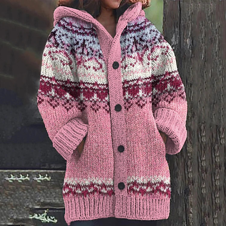 Women's hooded cardigan with multicolour geometric knit pattern, buttons and front pockets