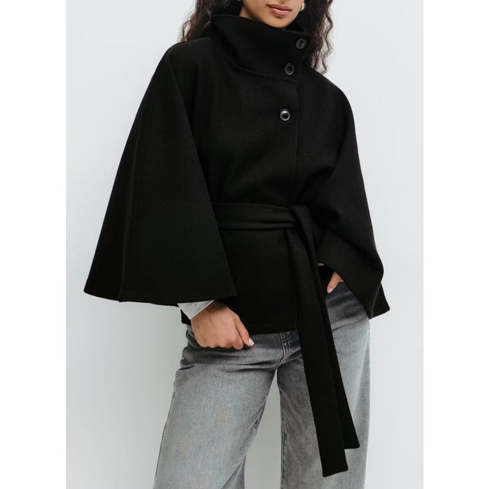 Women's cape coat with high collar, button front and tie waist