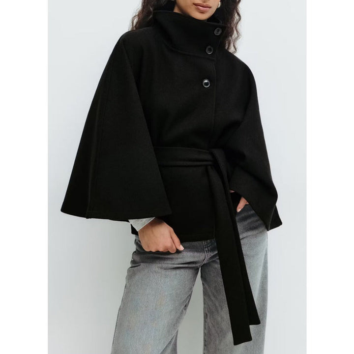 Women's cape coat with high collar, button front and tie waist