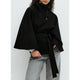 Women's cape coat with high collar, button front and tie waist