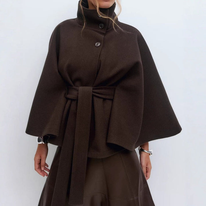 Women's cape coat with high collar, button front and tie waist