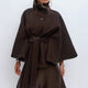 Women's cape coat with high collar, button front and tie waist