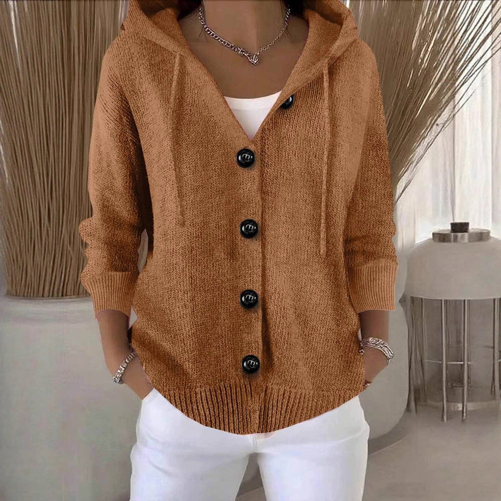 Women's hooded knitted cardigan with long sleeves and button front