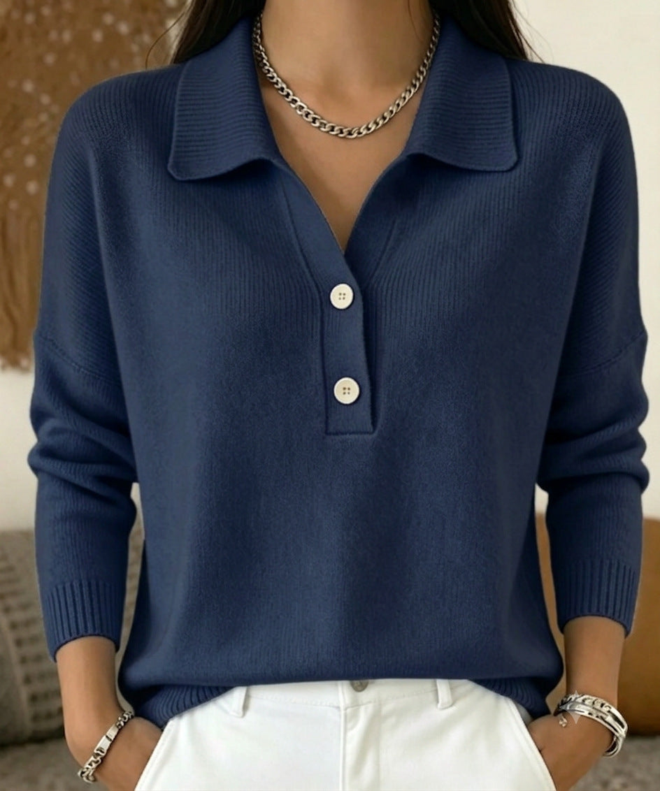Women's polo collar knit sweater with button placket and long sleeves
