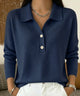 Women's polo collar knit sweater with button placket and long sleeves