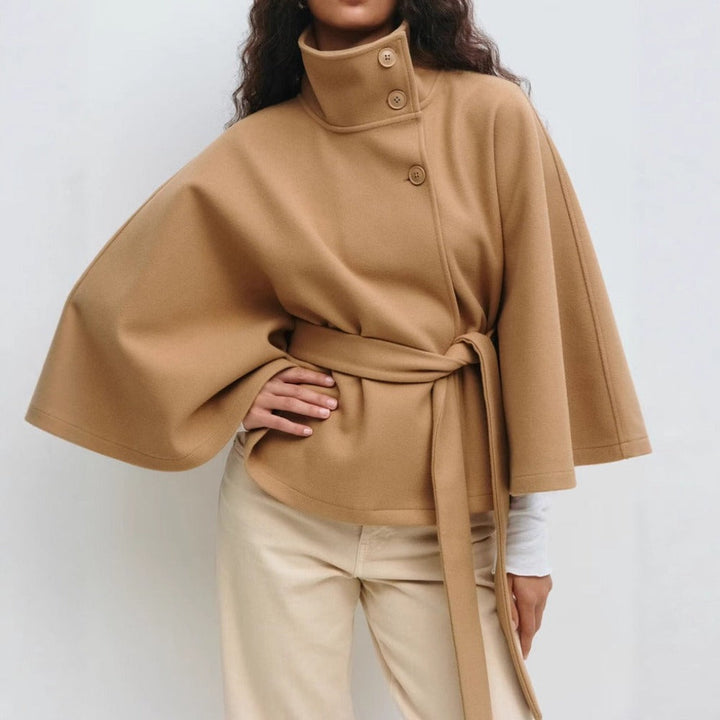 Women's cape coat with high collar, button front and tie waist