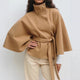 Women's cape coat with high collar, button front and tie waist