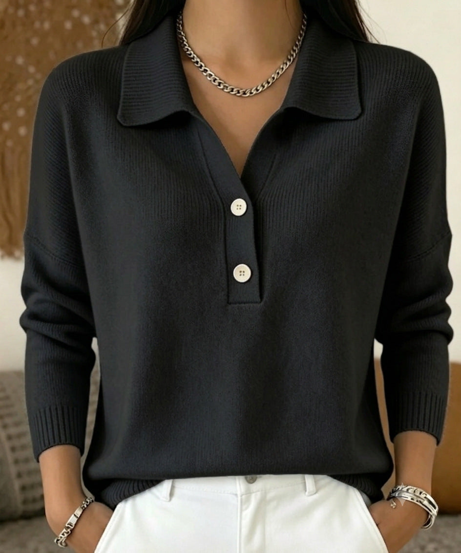 Women's polo collar knit sweater with button placket and long sleeves
