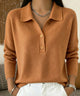 Women's polo collar knit sweater with button placket and long sleeves