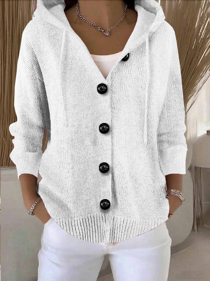 Women's hooded knitted cardigan with long sleeves and button front