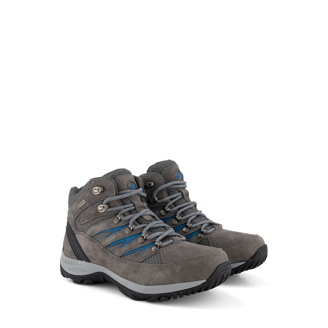 Gray high-top lace-up hiking boots with blue accents and lugged soles