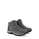 Gray high-top lace-up hiking boots with blue accents and lugged soles