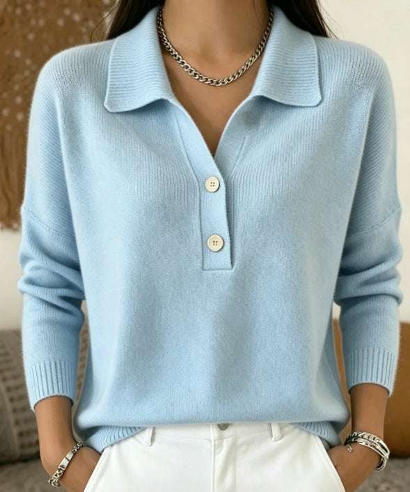 Women's polo collar knit sweater with button placket and long sleeves