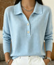 Women's polo collar knit sweater with button placket and long sleeves