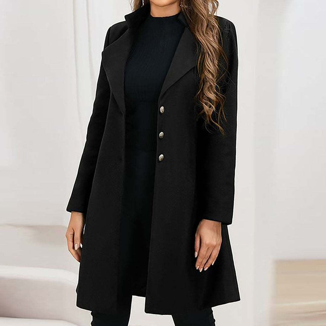Women's longline tailored coat with notched lapels and button front