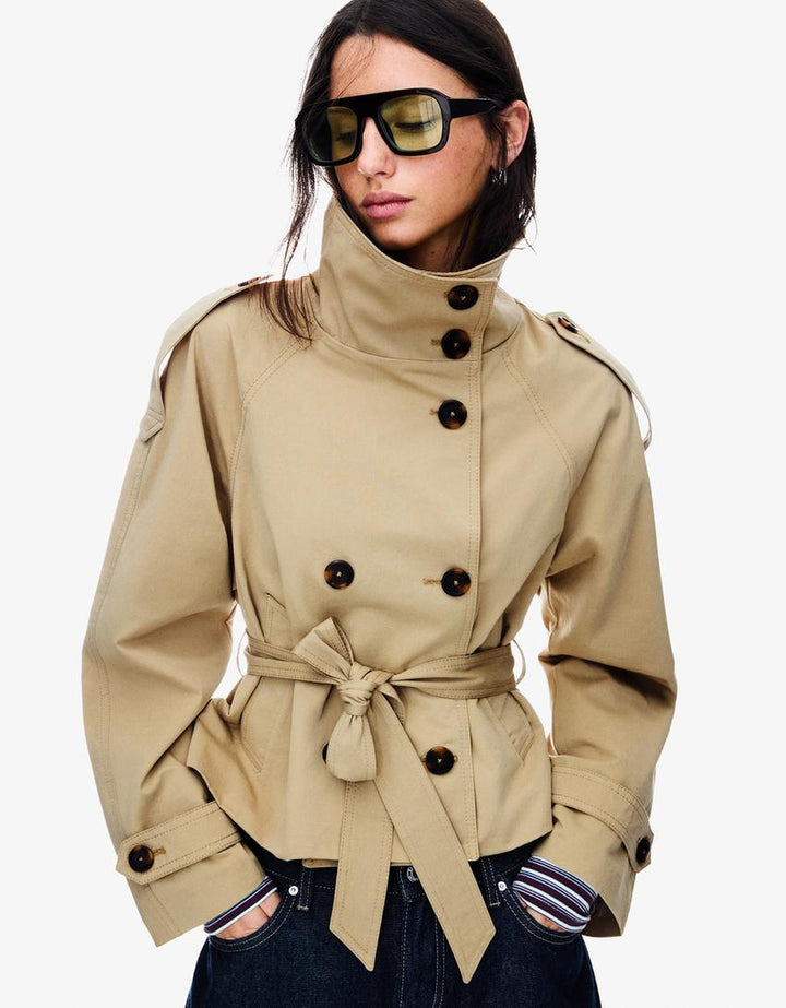 Women's short trench jacket with high collar, buttons, belt and long sleeves