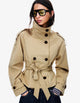 Women's short trench jacket with high collar, buttons, belt and long sleeves