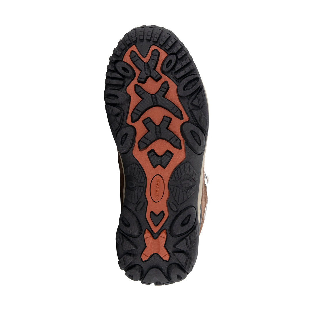 Brown mid-height hiking boots with orange laces and rugged black soles