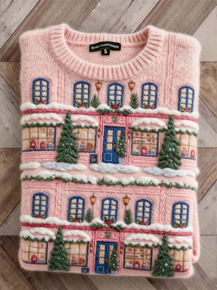 Pink crew neck jumper with a detailed Christmas house scene