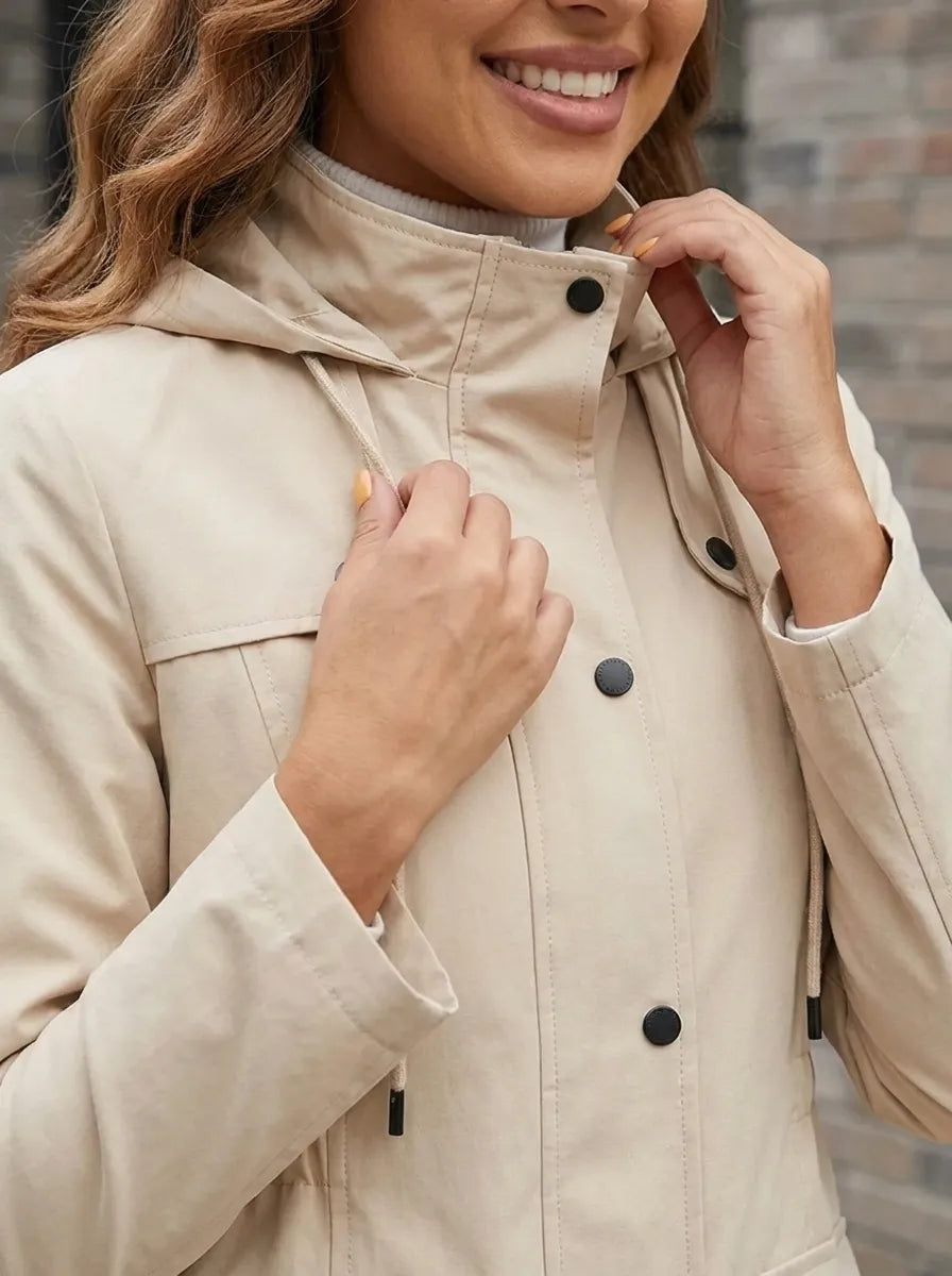 Women's hooded parka jacket with plaid lining and front flap pockets