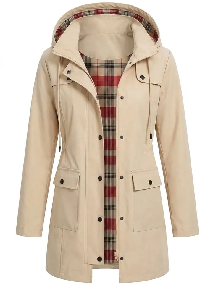 Women's hooded parka jacket with plaid lining and front flap pockets